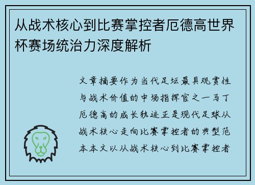 从战术核心到比赛掌控者厄德高世界杯赛场统治力深度解析